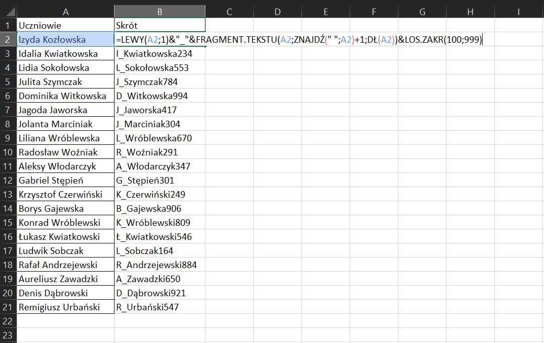 Na zrzucie ekranu widoczny jest fragment arkusza Excel. W kolumnie A, w komórce A1 wpisano tytuł UCZNIOWIE. W komórkach od A2 do A21 wprowadzono pełne imiona i nazwiska uczniów. W kolumnie B, w komórce B1 wpisano tytuł SKRÓT. W komórkach od B3 do B21 wprowadzono skróty imion i pełne nazwiska uczniów. W komórce B2 wprowadzono formułę, która brzmi następująco: =LEWY(A2;1)&amp;”_”&amp;FRAGMENT.TEKSTU(A2;ZNAJDŹ(” ”;A2)+1;DŁ(A2))&amp;LOS.ZAKR(100;999)