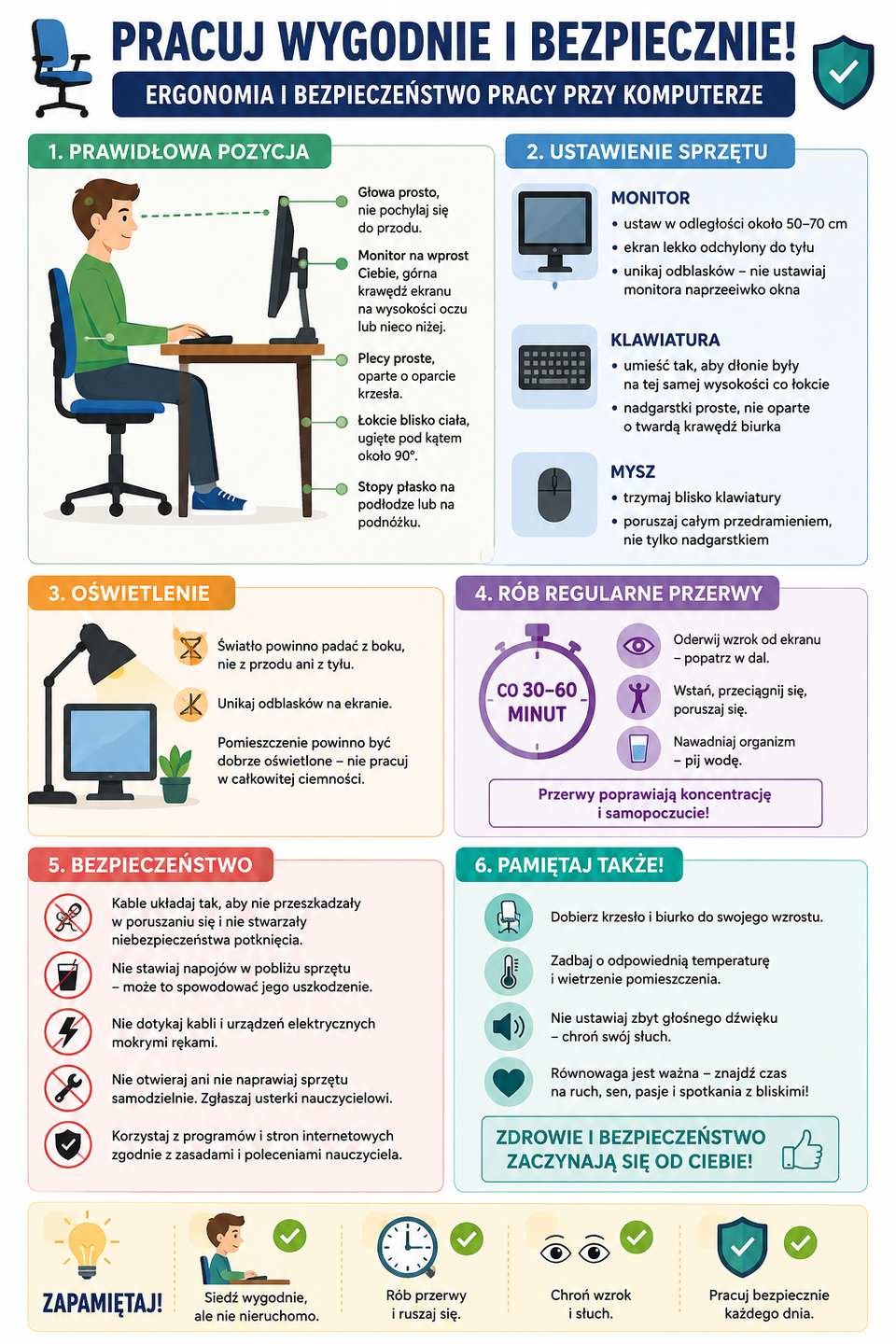 Infografika przedstawia ergonomiczne stanowisko pracy. Łączy w jeden obraz wszystkie przedstawione w tym materiale zasady.