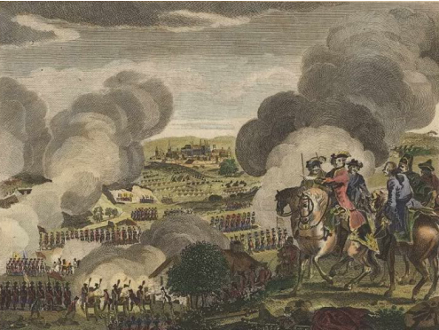 Bitwa pod Pragą w 1757 r., w której zwycięstwo odniosła armia Prus; kolorowana grafika z ok. 1780 r. (w oddali widać miasto Pragę) Bitwa pod Pragą w 1757 r., w której zwycięstwo odniosła armia Prus; kolorowana grafika z ok. 1780 r. (w oddali widać miasto Pragę) Źródło: ok. 1780, domena publiczna.