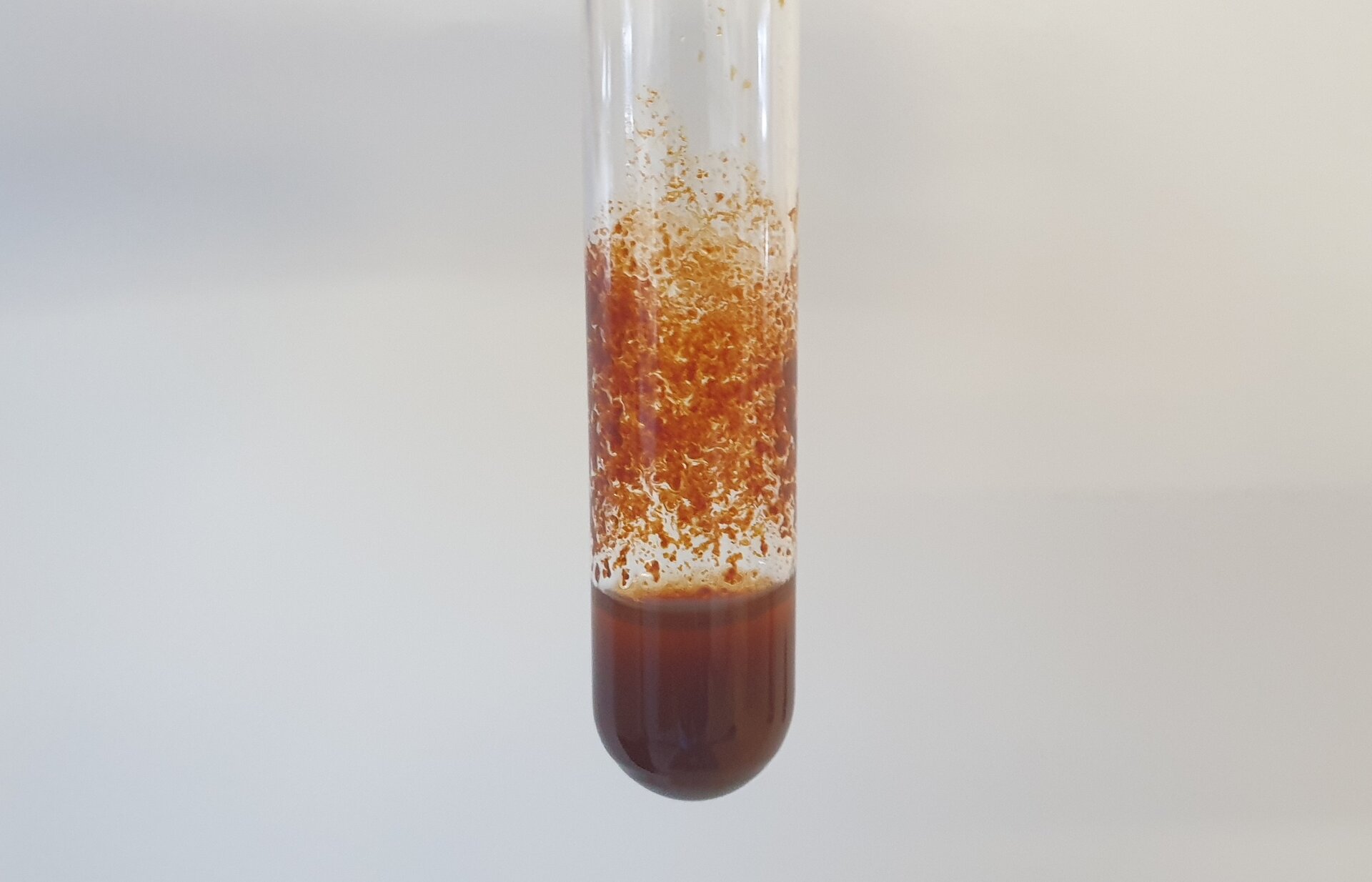 Zdjęcie przedstawiające dno szklanej probówki z brązowo‑brunatnym osadem chromianu(sześć) srebra(jeden).