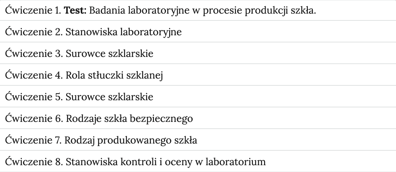 Grafika przedstawia widok ćwiczeń do wyboru, element interaktywnych materiałów sprawdzających. Ćwiczenia dotyczą: badania laboratoryjnego w procesie produkcji szkła; stanowiska laboratoryjnego; roli stłuczki szklanej; surowców szklarskich; rodzajów szkła bezpiecznego; rodzajów produkowanego szkła; stanowiska kontroli i oceny w laboratorium.  