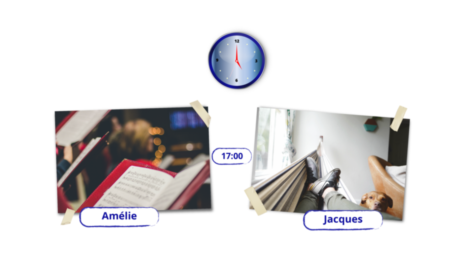 Na zdjęciu zegar, wskazuje godzinę siedemnastą. Na zdjęciu zeszyt z nutami. Tekst Amélie. Na drugim zdjęciu Jacques leży na kanapie i odpoczywa razem z psem.