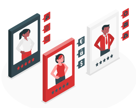 Ilustracja przedstawia trzy ramki, w których znajdują się postacie. Na dole ramek jest 5 gwiazdek. Obok każdej ramki jest symbol np. kłódka, globus, chmurka, zębatka, koperta.