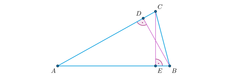 Ilustracja przedstawia trójkąt ABC. Z wierzchołka B prostopadle do ramienia AC poprowadzono prostą tworząc punkt D. Z wierzchołka C prostopadle poprowadzono prostą na ramie AB tworząc punkt E. 
