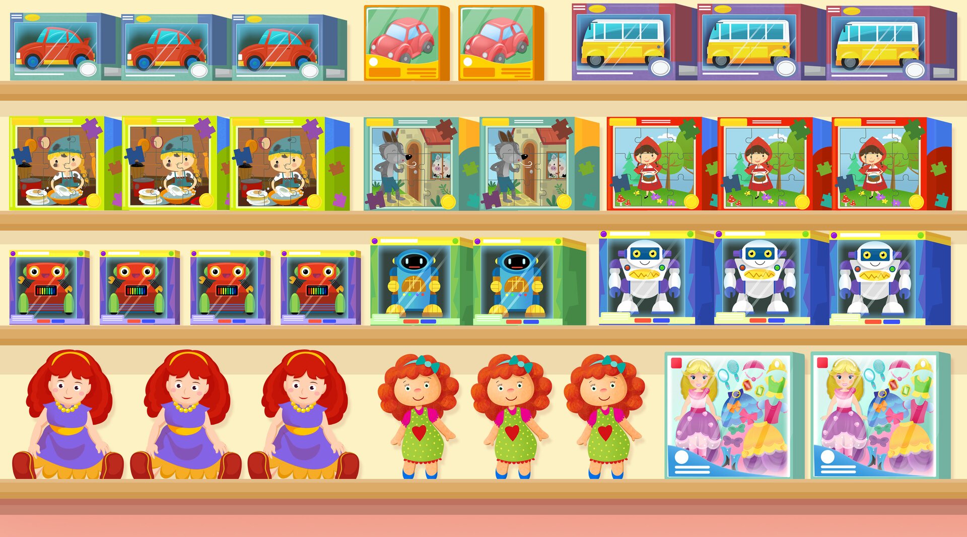 Ilustracja przedstawia półki za zabawkami. Stoją tu lalki, roboty i samochody.