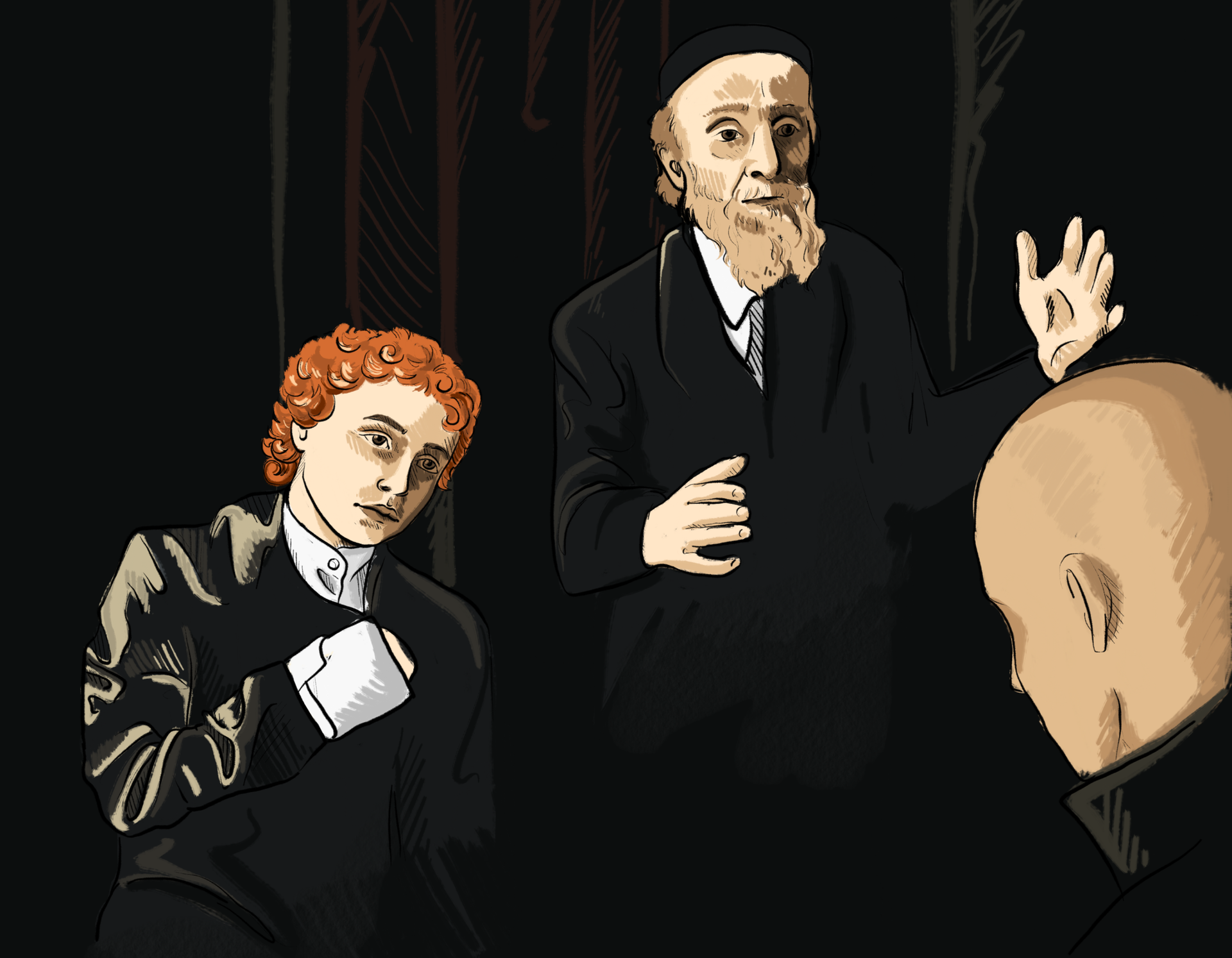 Ilustracja przedstawia starszego, brodatego Żyda w chałacie i jarmułce na głowie. Mężczyzna stoi, gestykuluje. Obok niego siedzi młody mężczyzna z rudymi, kręconymi włosami. Słucha. Naprzeciw Żyda i młodego mężczyzny siedzi człowiek z ogoloną główą. 