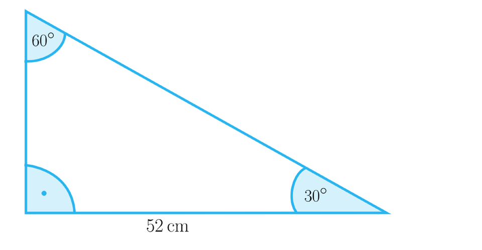 Ilustracja przedstawia trójkąt prostokątny o poziomej przyprostokątnej o długości 52 centymetry. W trójkącie oznaczono kąty wewnętrzne: kąt prosty oraz kąt 30 stopni między poziomą przyprostokątną a przeciwprostokątną oraz kąt 60 stopni między pionową przyprostokątną a przeciwprostokątną.