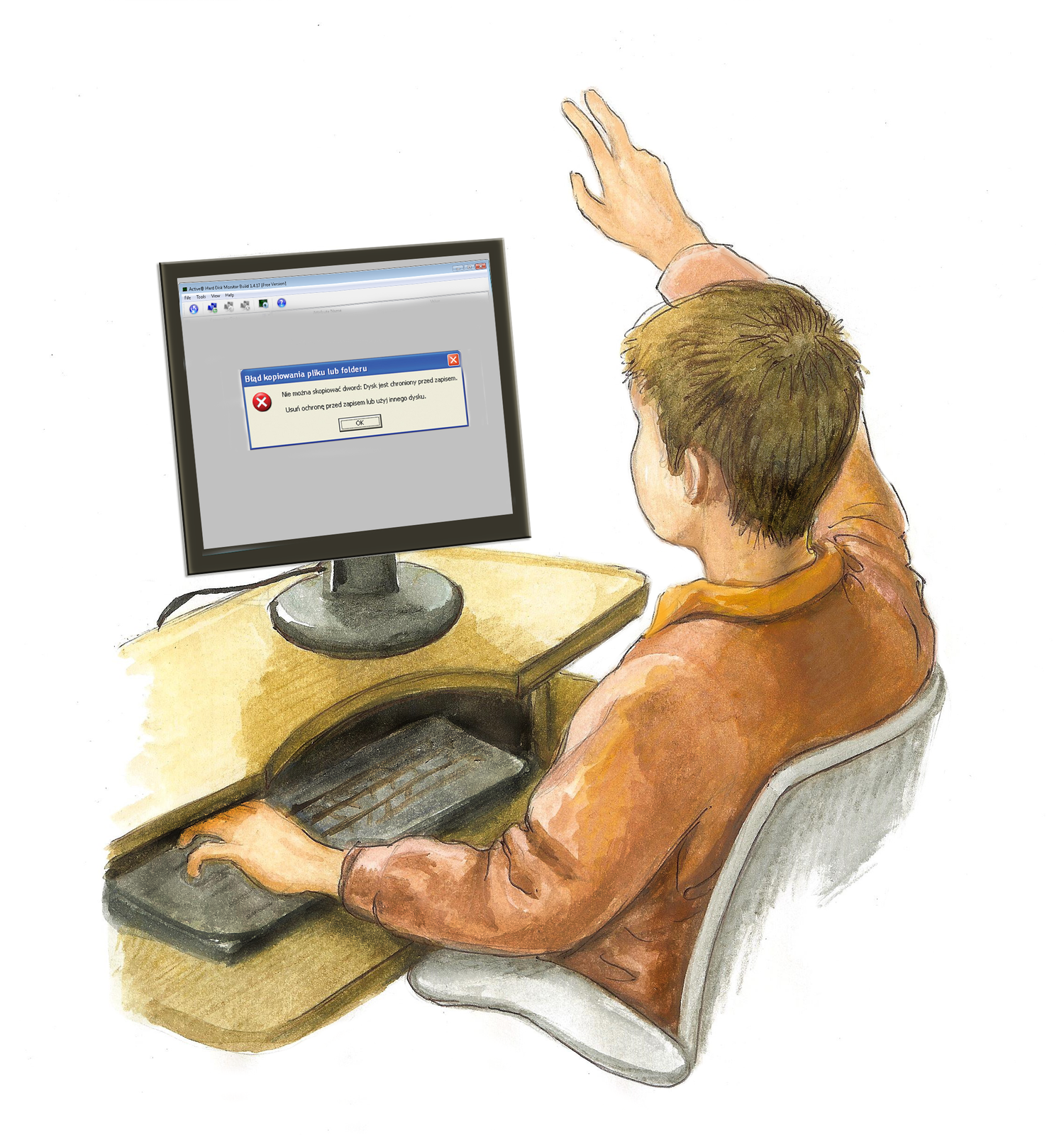 Ilustracja przedstawiająca ucznia zgłaszającego awarię komputera