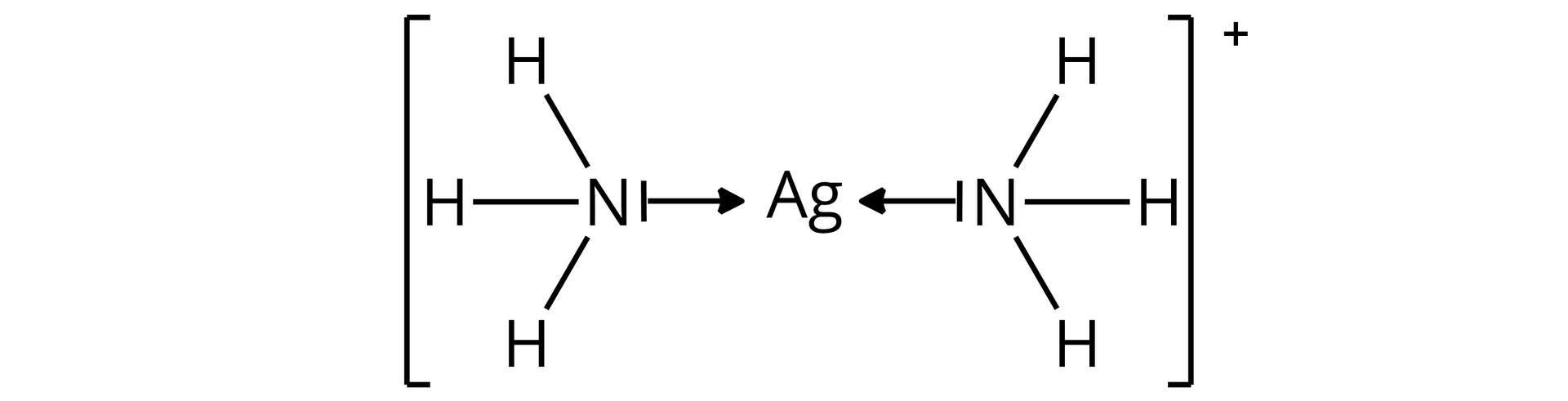 Na ilustracji znajduje się wzór kationu diamina srebra(I). Ag otaczają dwie cząsteczki amoniaku. Na każdej z cząsteczek amoniaku zaznaczono wolną parę elektronową atomu azotu poprzez kreskę. Od kresek poprowadzono strzałki w kierunku srebra. Całość znajduje się w nawiasie kwadratowym, za którym znajduje się znak plus w indeksie górnym.