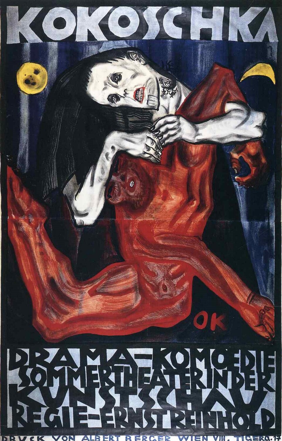 Ilustracja przedstawia plakat Oskara Kokoschki pt. Pieta. Plakat ukazuje kobietę w długich, czarnych włosach, która trzyma w ramionach nagą, postać w kolorze pomarańczowym. Kobieta ma białą twarz i ręce. Usta kobiety są mocno czerwone, głowę przekrzywiła w lewą stronę. Po prawej stronie na granatowym tle widoczny jest żółty księżyc a po lewej żółta kula. Nad głową kobiety mieści się napis KOKOSCHKA