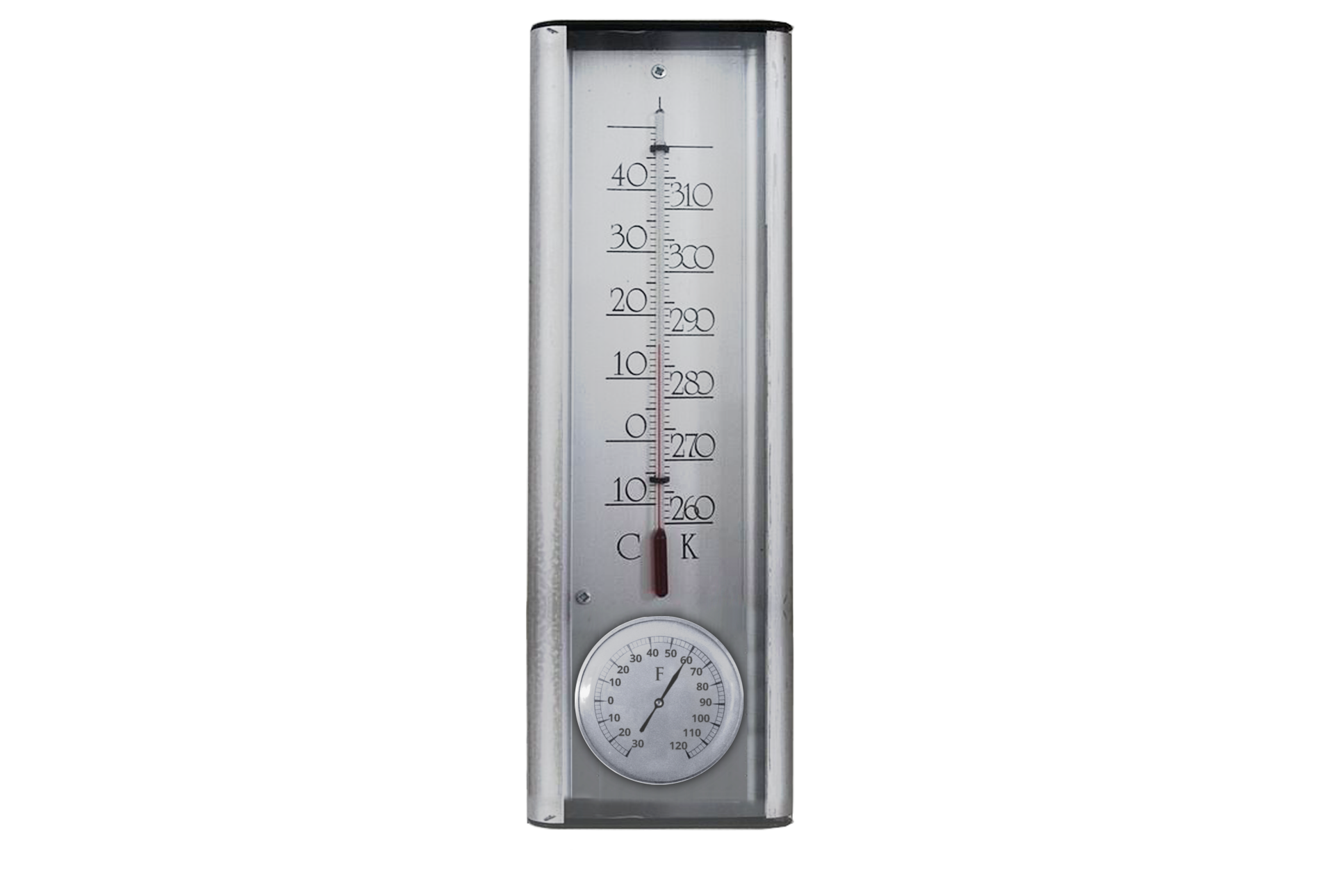 Fotografia przedstawia termometr cieczowy z trzema skalami temperatur: Celsjusza, Fahrenheita i Kelvina. Skale Celsjusza (o zakresie od minus dziesięć do plus pięćdziesiąt stopni Celsjusza) oraz Kelvina (o zakresie od dwustu sześćdziesięciu do trzystu dwudziestu kelwinów) znajdują się przy słupku cieczy, który wskazuje temperaturę około piętnastu stopni Celsjusza oraz około dwieście osiemdziesięciu ośmiu i pół kelwinów. Skala Fahrenheita (o zakresie od minus trzydziestu do stu dwudziestu stopni Fahrenheita) jest poniżej. Jest to tarcza ze wskazówką, wskazującą sześćdziesiąt stopni Fahrenheita.