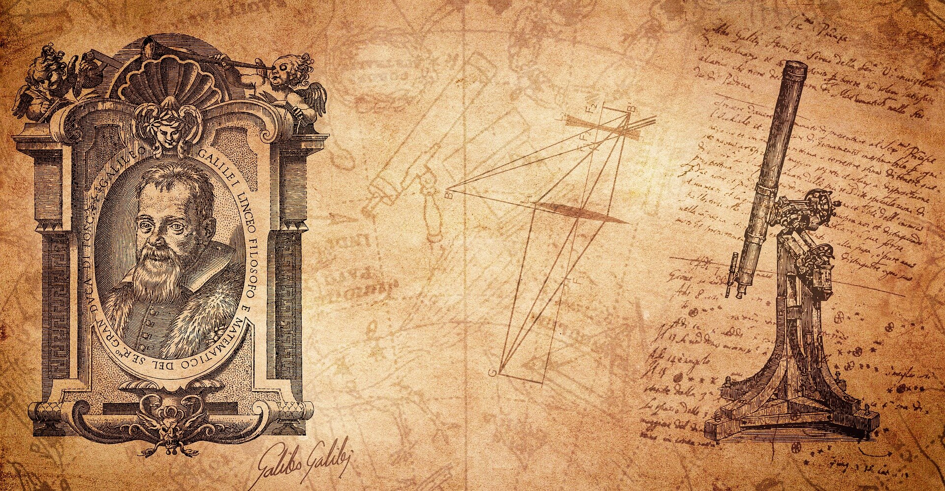  Ilustracja przedstawia stary dokument w różnych odcieniach brązu z widocznymi w tle odręcznie napisanym tekstem oraz rysunkami różnych wynalazków. Po lewej stronie widoczny jest rysunek płaskorzeźby z popiersiem Galileusza, który otacza napis w języku łacińskim oraz detale dekoracyjne. Po prawej stronie widoczny jest rysunek starego teleskopu z lunetą skierowaną w górę.