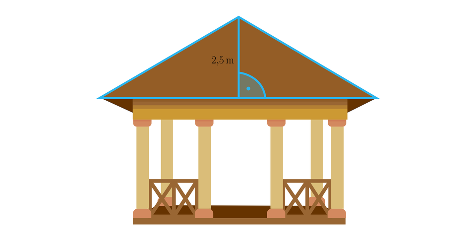 Ilustracja przedstawia altanę, której przekrój pionowy dachu jest trójkątem. Z górnego wierzchołka tego trójkąta upuszczono pionową podstawę h o długości 2,5 metra i oznaczono kąt prosty między wysokością a poziomą podstawą w trójkącie.