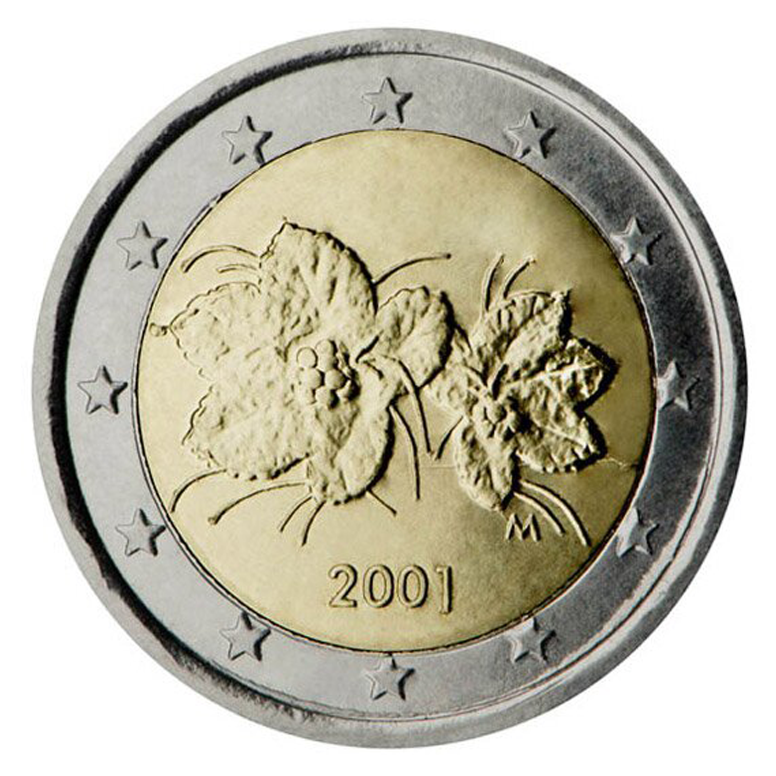 Ilustracja przedstawia awers monety. Moneta jest okrągła ze srebrną obwódką i złotym środkiem. Wokół srebrnej obwódki jest wiele gwiazd, a w środku złotej jest symbol rozłożystych kwiatków oraz data dwa tysiące jeden.