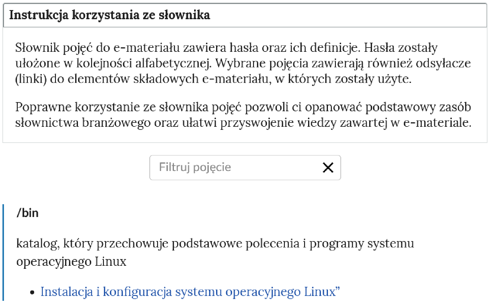 Widok na górną część słownika z polem filtrowania haseł słownika.  Poniżej widać jedną definicję oraz link do powiązanej z wyrażeniem lekcji.