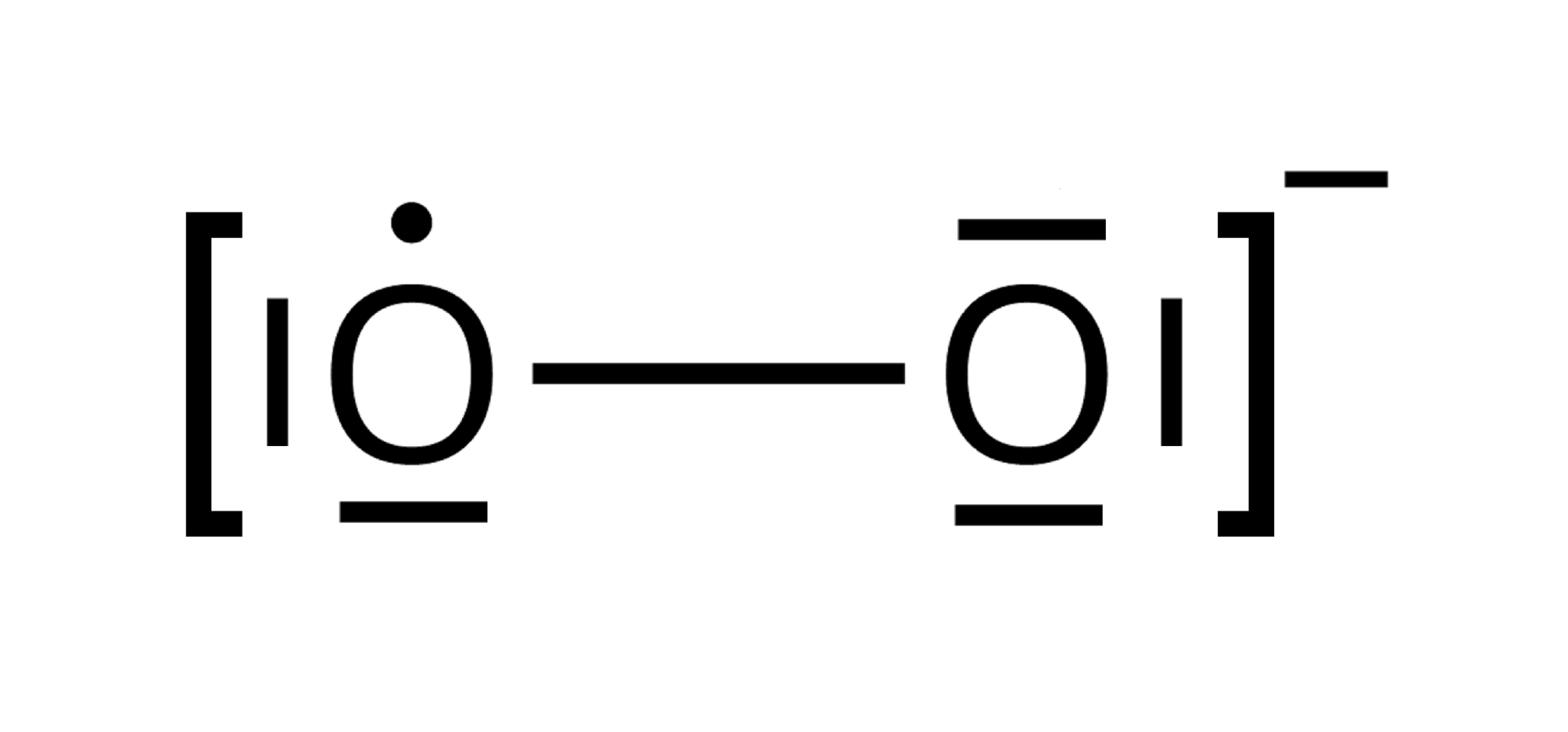 Ilustracja przedstawiająca rodnik ponadtlenkowy, który to zbudowany jest z dwóch połączonych ze sobą za pomocą wiązania pojedynczego atomów tlenu O. Pierwszy z nich posiada dwie wolne pary elektronowe zaznaczone jako kreski oraz jeden niesparowany elektron zaznaczony w postaci kropki. Drugi atom tlenu posiada trzy wolne pary elektronowe zaznaczone jako trzy kreski wokół symbolu tlenu O, które stanowią o tym, że ma on ładunek ujemny, co zaznaczono w indeksie górnym znakiem minus.