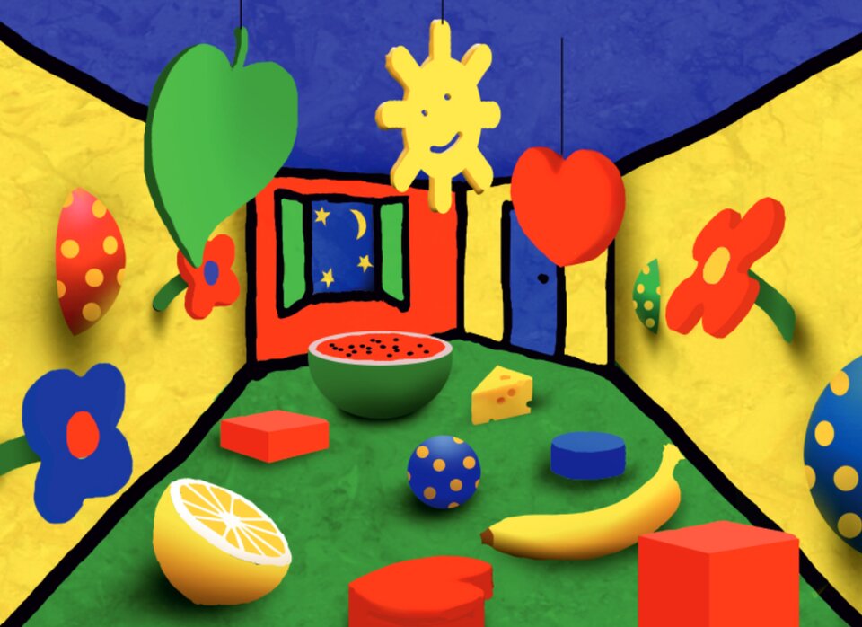 Ilustracja przedstawia projekt scenografii. Ukazuje wnętrze wyklejane papierem. Pokój ma niebieski sufit, zieloną podłogę i żółte ściany, jedynie ściana z oknem i okiennicami jest czerwona. Za oknem znajduje się niebo z gwiazdami i księżycem. Wewnątrz pomieszczenia rozwieszone są dekoracje: na ścianach kwiaty i kapelusze w kropki, na suficie słońce, liść i serce. Na podłodze porozrzucane są: połowa arbuza, kawałek sera, połowa cytryny, banan oraz serce i bryły geometryczne. Ściany oddzielone są od sufitu i podłogi grubym, czarnym konturem.