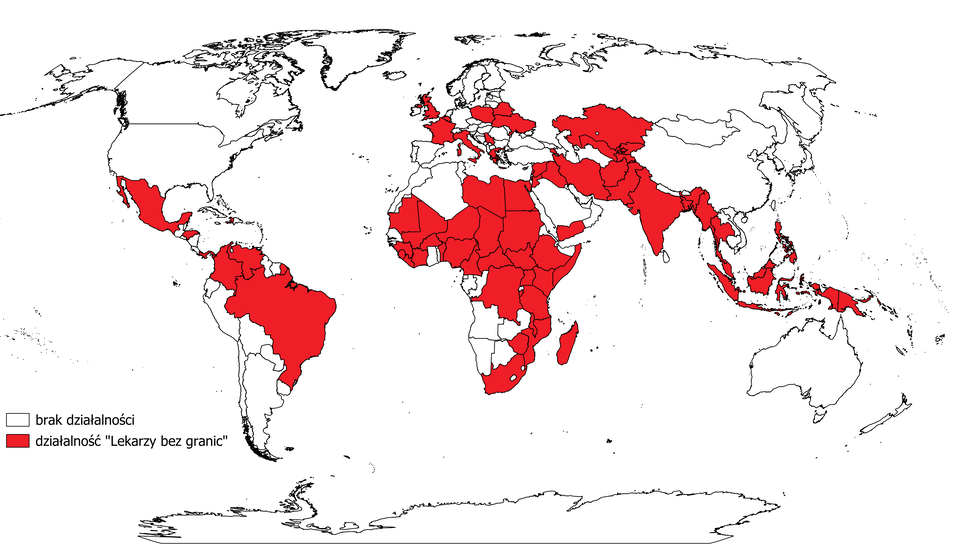 Mapa przedstawia główne obszary działalności Lekarzy bez Granic (dane z 2025 roku). W Afryce wyróżniono m.in.: Nigerię, Etiopię, Sudan, Sudan Południowy, Demokratyczną Republikę Konga, Somalię, Kenię, Niger, Mali, Burkina Faso, Republikę Środkowoafrykańską, Mozambik, Czadu oraz RPA. W Amerykach zaznaczono m.in.: Meksyk, Brazylię, Kolumbię, Haiti, Honduras, Panamę i Wenezuelę. W Azji Południowej i Południowo‑Wschodniej widoczne są m.in.: Afganistan, Pakistan, Indie, Bangladesz, Mjanma (Birma), Indonezja, Filipiny i Tajlandia oraz Korea Północna. Na Bliskim Wschodzie i w Afryce Północnej oznaczono m.in.: Syrię, Jemen, Irak, Iran, Jordanię, Liban, Palestynę, Egipt i Libię. W Europie i Azji Centralnej zaznaczono m.in.: Ukrainę, Białoruś, Armenię, Kazachstan, Kirgistan, Tadżykistan, Uzbekistan, a także Polskę, Grecję, Włochy, Francję, Belgię i Zjednoczone Królestwo. W Oceanii: Papua‑Nową Gwineę i Kiribati.
