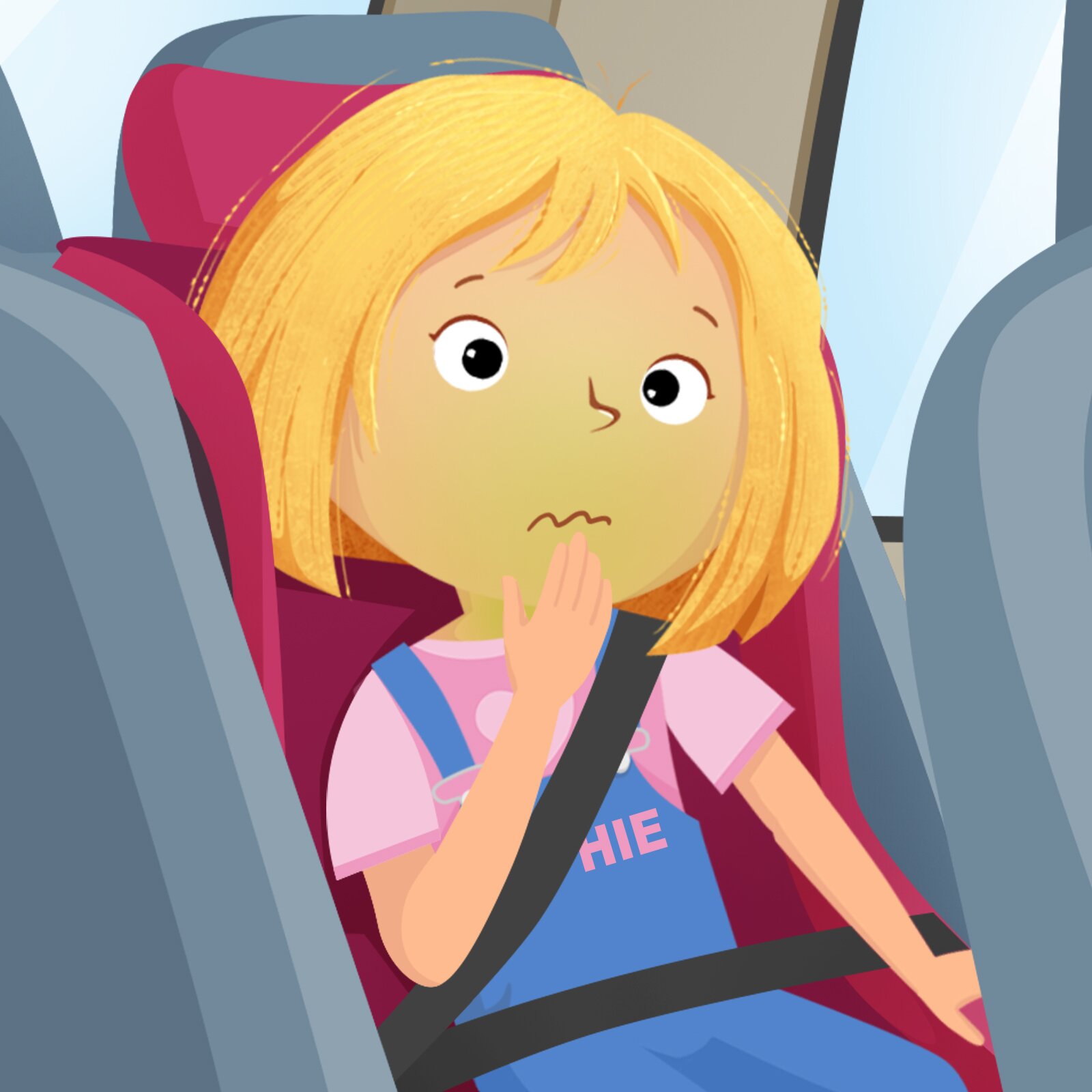 Ilustracja przedstawia dziewczynkę siedzącą w samochodzie. Jest jej niedobrze. 