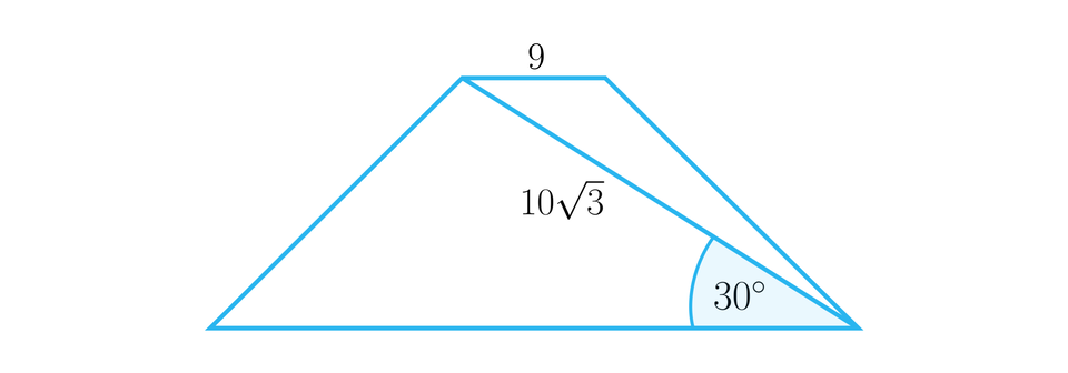 Rysunek przedstawia trapez. Krótsza podstawa trapezu ma długość 9, Przekątna trapezu, tworzy z dłuższą podstawą trapezu kąt 30 stopni. Przekątna trapezu ma długość dziesięć pierwiastek kwadratowy z trzy koniec pierwiastka.