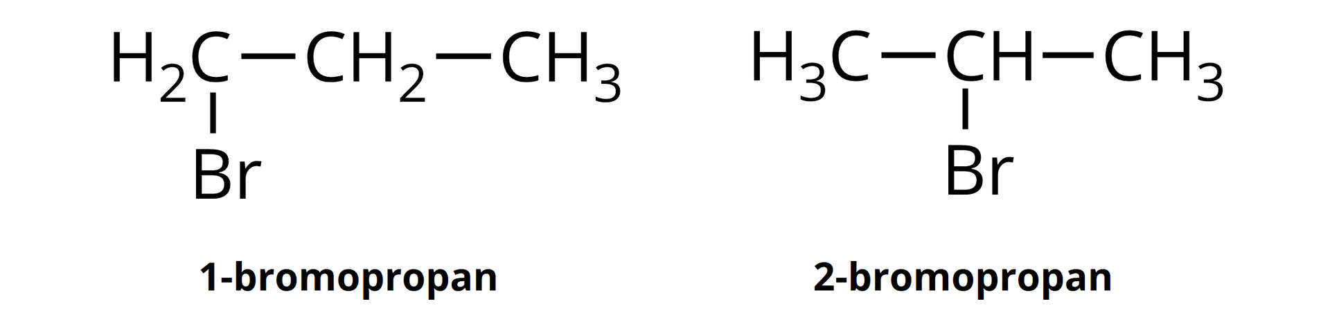 Ilustracja przedstawiająca dwie cząsteczki: 1-bromopropan oraz 2-bromopropan. Pierwsza z nich zbudowana jest z grupy CH2 połączonej z atomem bromu Br oraz z kolejną grupą CH2, która to łączy się z grupą metylową CH3. Druga cząsteczka 2-bromopropanu zbudowana jest z grupy CH3 połączonej z grupą CH związaną z atomem bromu Br oraz z grupą CH3.