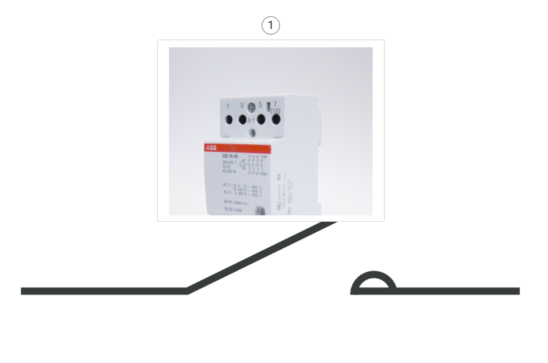 Przykładowy symbol elementu instalacji elektrycznej wraz z odnoszącym się do niego zdjęciem rzeczywistym. Nad zdjęciem znajduje się okrągły punktor z cyfrą jeden.