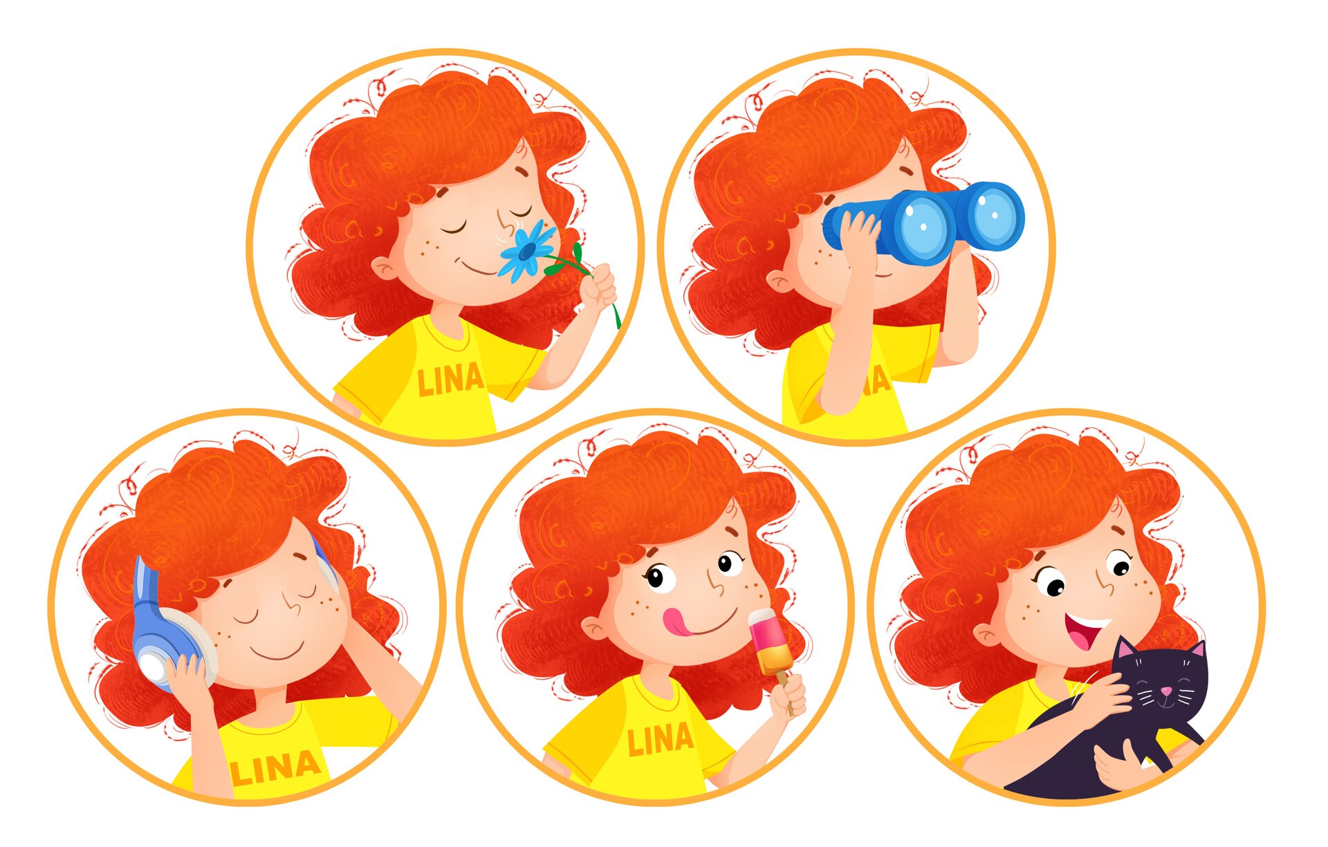 Ilustracja przedstawia dziewczynkę w pięciu  różnych sytuacjach. Lina: wącha kwiatka, patrzy przez lornetkę, słucha muzyki przez słuchawki, je loda, głaszcze czarnego kota.