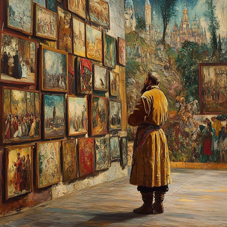 Ilustracja przedstawia mężczyznę stojącego przed ścianą, na której wisi wiele obrazów - zajmują one całą ścianę - od podłogi aż po sufit. Jest to lewa cześć ilustracji. Po prawej stronie widnieje ściana, cała stanowiąca duży olejny obraz. Ilustracja nosi tytuł: Musorgski na wystawie Hartmanna.