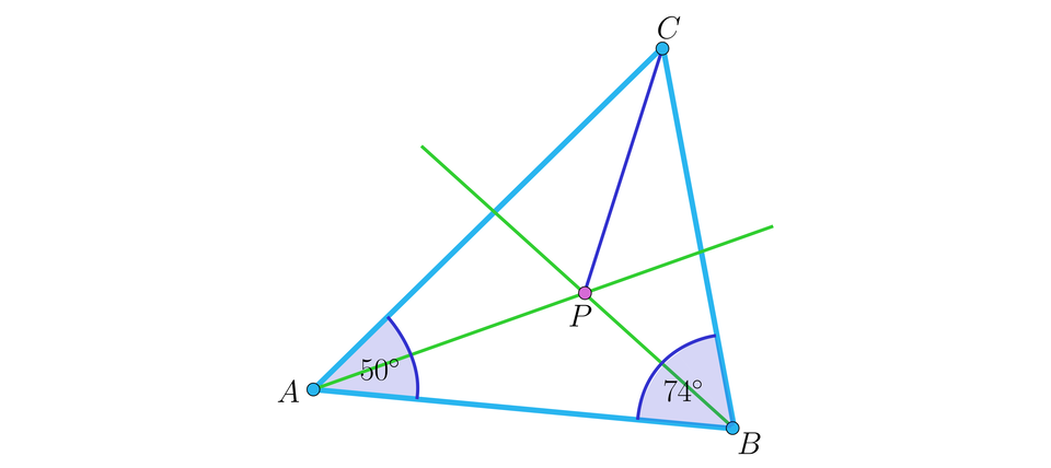 Ilustracja przedstawia trójkąt A B C. Kąt BAC ma miarę 50 stopni, kąt ABC ma miarę 74 stopnie. Z wierzchołka A oraz wierzchołka B poprowadzono dwusieczne, przecinają się one w punkcie P. Z wierzchołka C poprowadzono odcinek do punktu P.