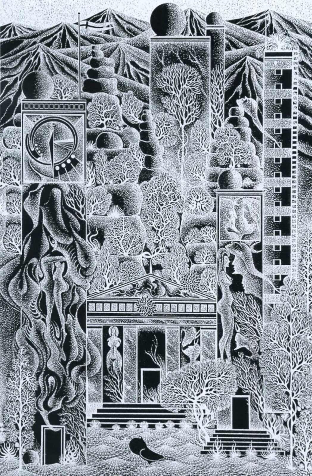 Dzieło autorstwa Henryka Płóciennika pod tytułem „Zamek szwedzki” przedstawia budynek z czterema wieżami wartowniczymi. Jedna z wież to wieża zegarowa stojąca na pierwszym planie z lewej strony. W centrum pracy stoi główny budynek, który posiada bogato zdobione ściany. Wokół budynku rosną liczne drzewa. W tle powiewa flaga szwedzka oraz widoczne są góry. Wieże zdają się wtapiać w krajobraz, na ich powierzchniach widoczne są postacie oraz roślinne wzory. Główny budynek, do którego prowadzą schody, posiada kolumny. Pomiędzy nimi stoi naga kobieta. Przed zamkiem widoczny jest czarny ptak, stojący na ziemi. 