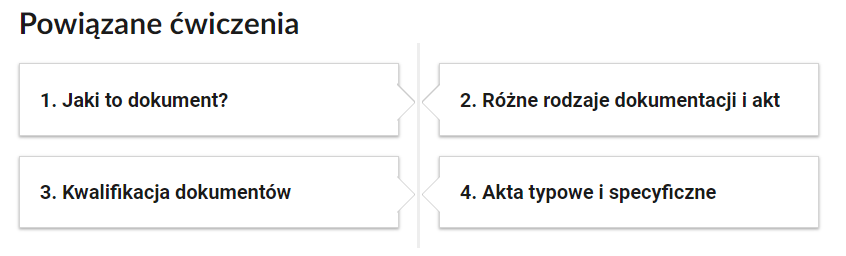 Grafika przedstawia widok przykładowego przycisku powiązanych ćwiczeń. Widać cztery ponumerowane prostokąty z tytułami ćwiczeń nawiązujących do multimedium.