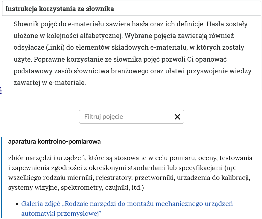 Grafika przedstawia widok na górną część słownika. Na górze znajduje się otwarty panel z treścią instrukcji. Poniżej znajduje się pole do filtrowania haseł. Na dole widoczne jest hasło wraz z definicją.