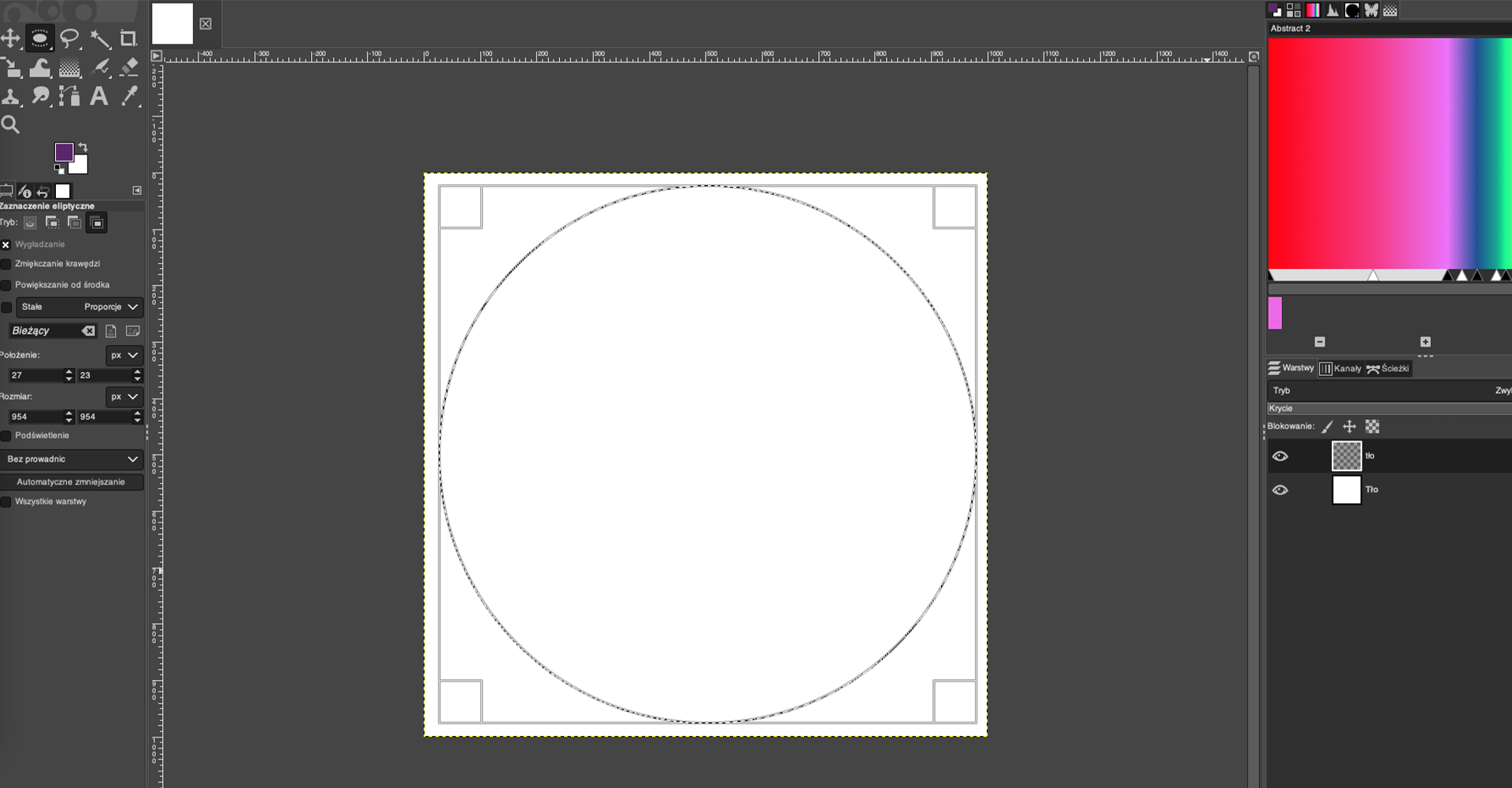 Ilustracja przedstawia okno programu. Panel po lewej stronie dotyczy Zaznaczenia eliptycznego. W obszarze roboczym jest okrąg wpisane w kwadrat. Po prawej stronie jest panel. W górnej części jest kolorowy kwadrat nazwany Abstract 2. Kolory kwadratu od lewej do prawej strony: czerwony, różowy, niebieski, zielony. Poniżej jest opcja dotycząca warstw. Są dwie ikony oka. Obok pierwszej ikony jest kwadrat wypełniony szarymi kwadratami, obok napis tło. Zaznaczono tę warstwę. Poniżej jest biały kwadrat. Obok napis: tło.   