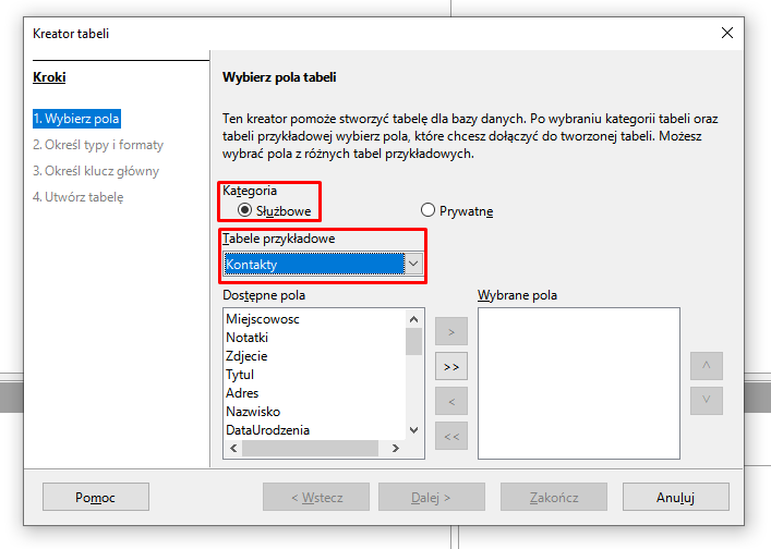 Ilustracja przedstawia otwarte okno programu zatytułowane Kreator Tabeli. Po lewej stronie w kategorii Kroki wybrano opcję Wybierz Pole. Po prawej stronie W części wybierz pola tabeli w kategoriach wybrano opcję Służbowe, poniżej w kategorii tabele przykładowe wybrano opcję kontakty. 