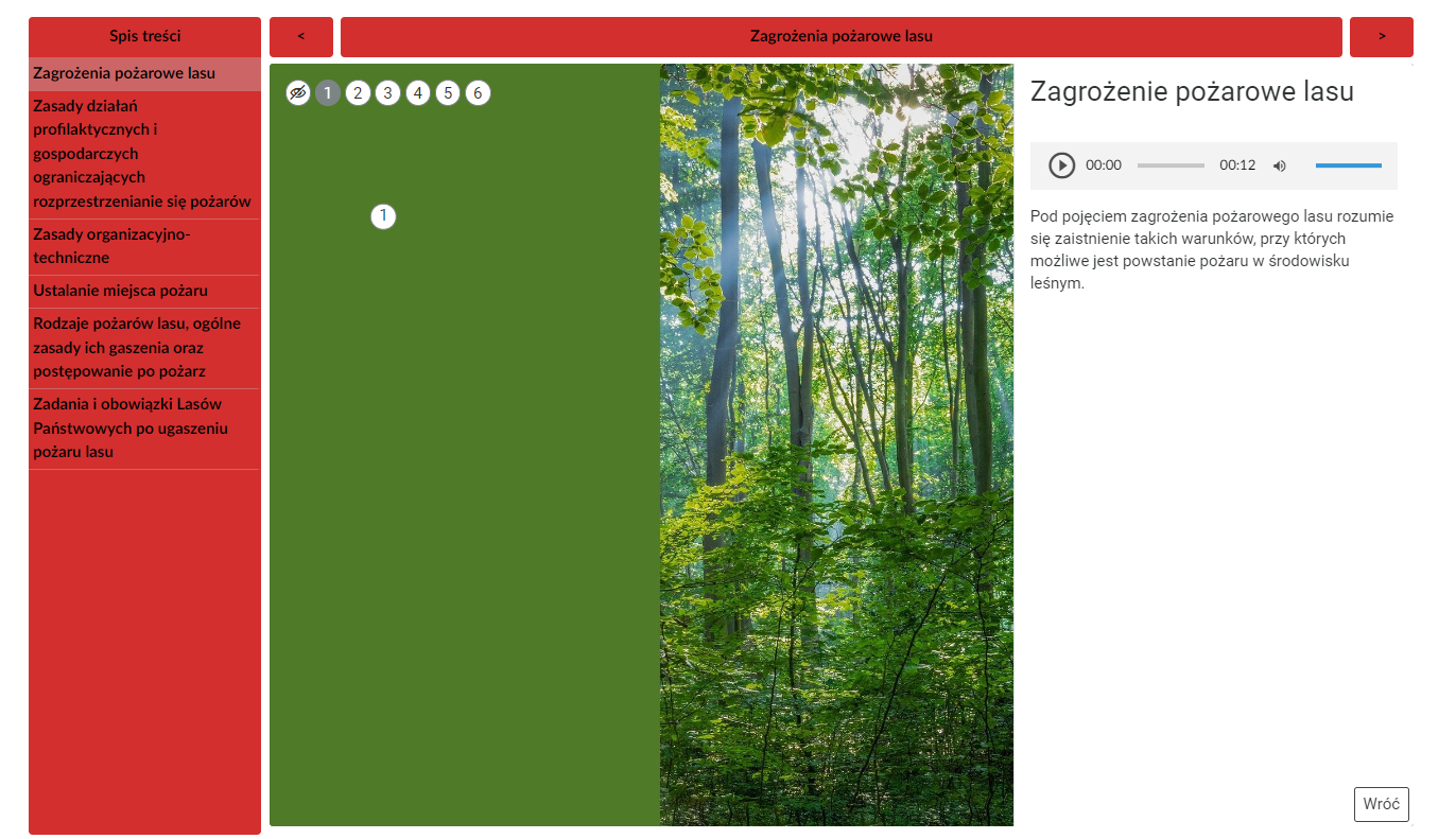 Przykładowy widok planszy interaktywnej. W lewej kolumnie koloru czerwonego znajdują się zakładki prowadzące do poszczególnych opisów. W kolumnie po prawej widoczny jest wyświetlany element. Na środku znajduje się zdjęcie lasu z drzewem na pierwszym planie. Między czerwoną kolumną a zdjęciem jest pasek zielonego koloru z sześcioma cyframi w białych kółkach. Z prawej strony widoczne jest okno z tekstem: Zagrożenie pożarowe lasu.