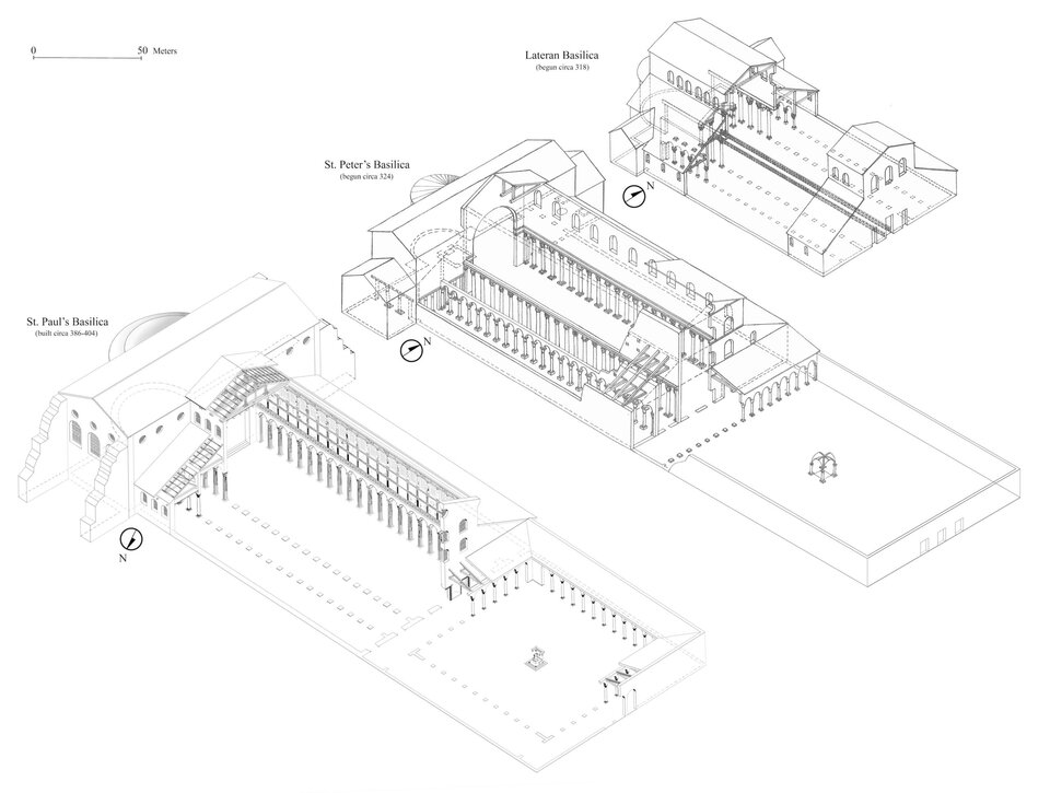 Schematyczny rysunek aksonometryczny trzech wczesnochrześcijańskich bazylik: św. Pawła, św. Piotra oraz laterańskiej. Każda budowla przedstawiona jest w przekroju i widoku przestrzennym, z zaznaczoną nawą główną, nawami bocznymi, kolumnadami, absydą oraz przyległym atrium. Na rysunku widoczne są oznaczenia kierunków świata, skala oraz daty rozpoczęcia budowy poszczególnych bazylik.