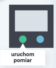 Grafika przedstawia pulpit urządzenia z etapu trzeciego gry edukacyjnej. Widoczny jest opis zielonego przycisku. Brzmi on: uruchom pomiar.