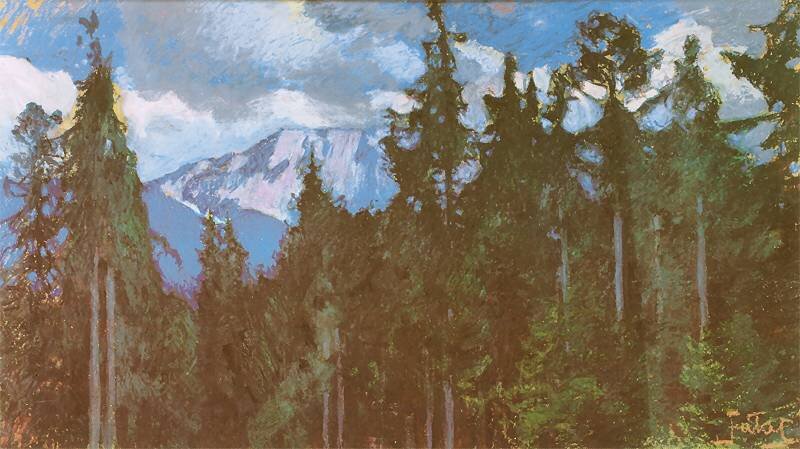 Obraz przedstawia pejzaż. Ukazany jest gęsty las pełen świerków. Zza drzew drzew widać masyw górski. Jego szczyty są ośnieżone. Nad masywem ukazane jest niebieskie niebo pełne obłoków.