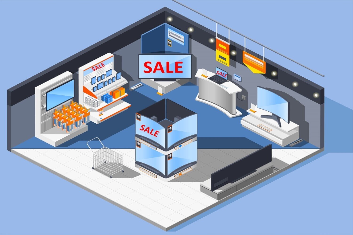 Grafika przedstawia wnętrze sklepu ze sprzętem elektronicznym. Widoczne są regały, na których ustawione są telewizory, tablety, telefony komórkowe. Pośrodku sklepu widoczny jest prostopadłościenny element, na którym widać napis w języku angielskim: SALE. Taki sam napis jest podwieszony u góry i znajduje się przy kasie stojącej po lewej stronie. 