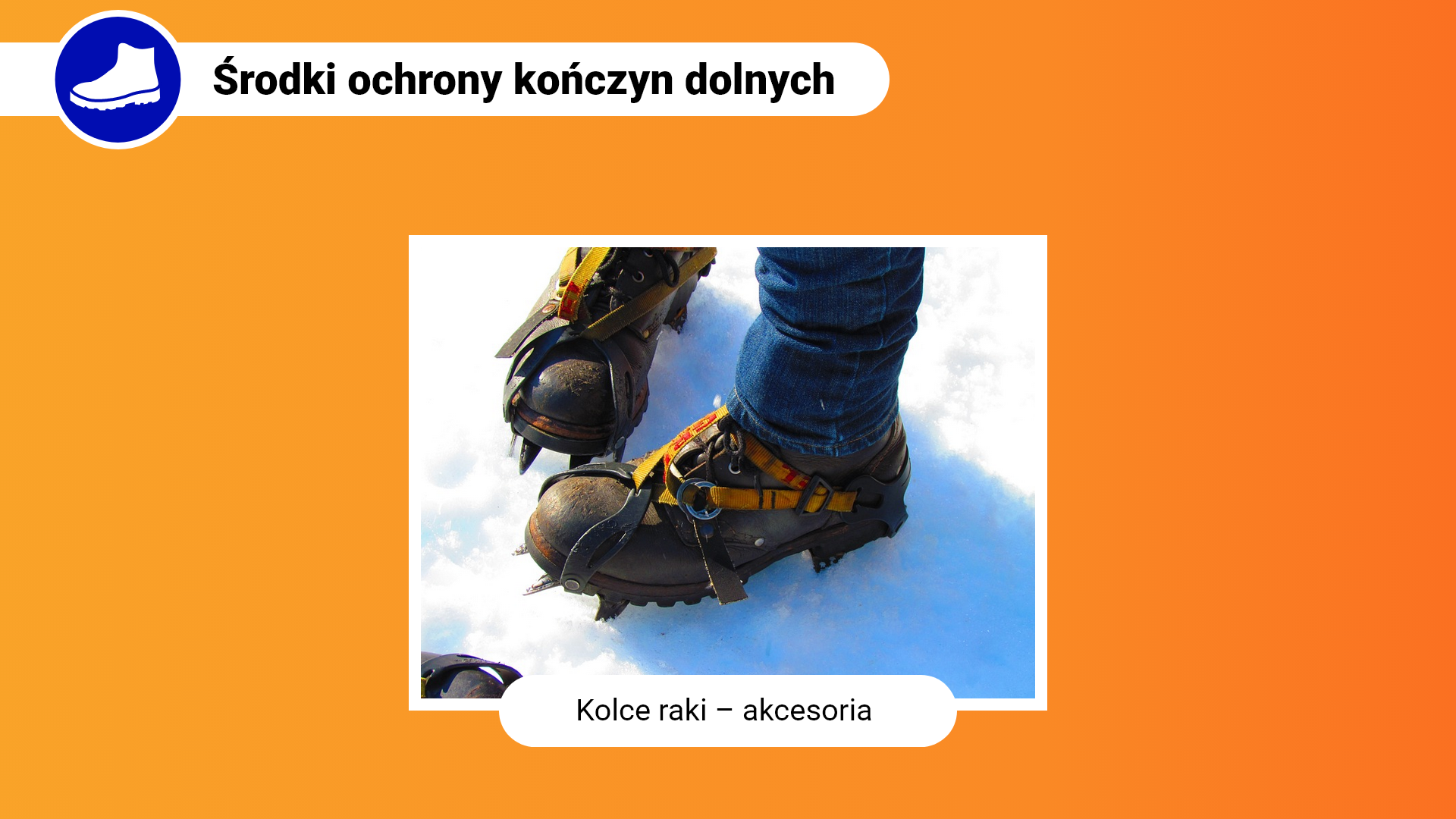 Zdjęcie w ramce z podpisem: kolce raki - akcesoria. Przedstawia zbliżenie na osobę stojąca na śniegu w butach. Na butach założone są raki. Kolce raków są pod podeszwą a na górnej części buta są paski mocujące.