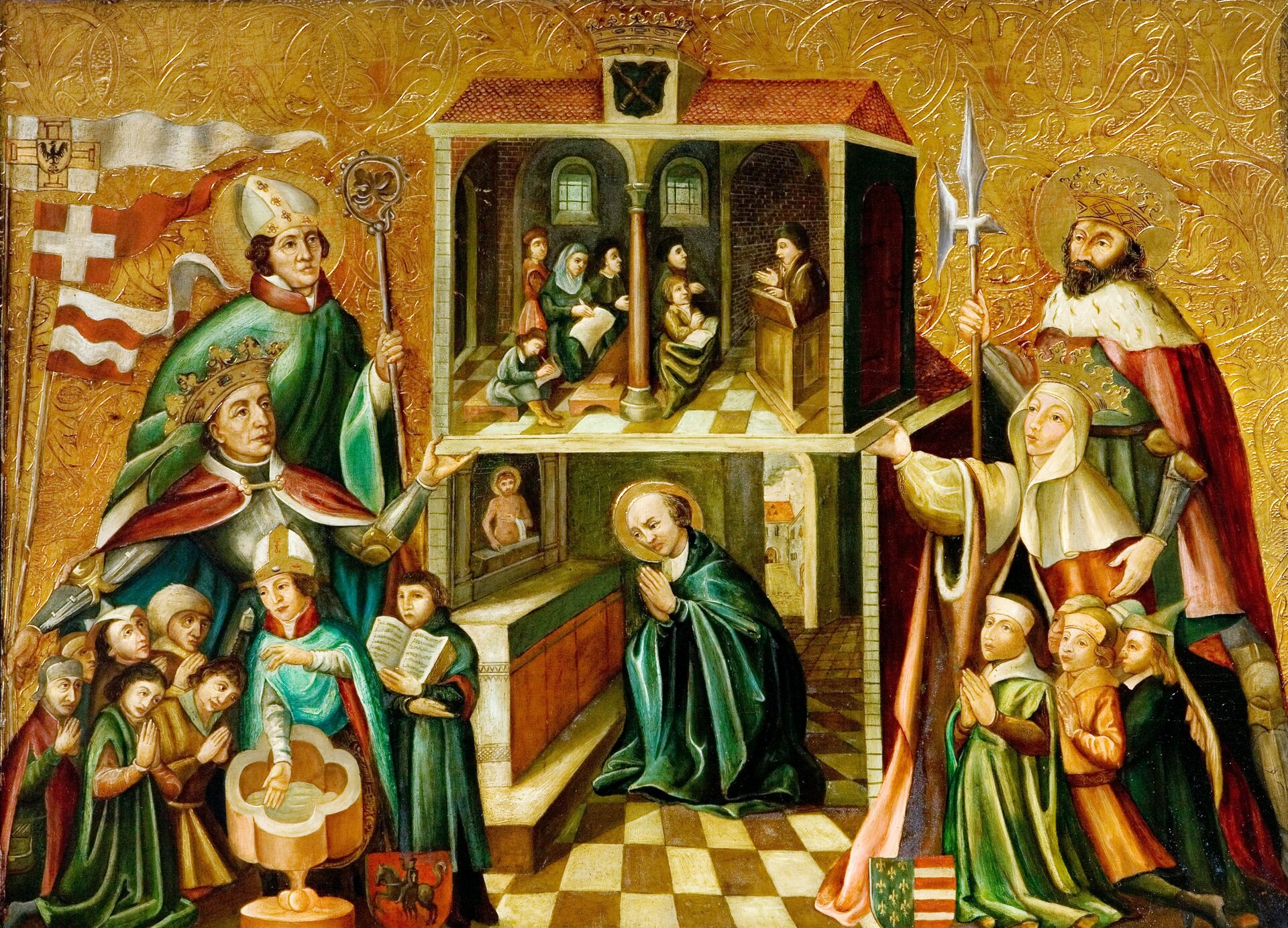 Ilustracja przedstawia dwie grupy osób stojące po dwóch stronach budynku, uwidocznionego w pionowym przekroju. Na górnej kondygnacji sala z niewielkimi zakratowanymi, łukowatymi okienkami. W sali siedzi za katedrą mężczyzna z księgą. Przed nim na ławkach zasiadają osoby ubrane w średniowieczne stroje. Na dolnej kondygnacji mężczyzna w długiej sutannie z nimbem wokół głowy, klęczy przy obrazie z wizerunkiem świętego. Po lewej stronie domu grupka ludzi z pochylonymi głowami i dłońmi złożonymi do modlitwy podchodzi do chrzcielnicy, z której święconą wodę ręką nabiera dostojnik kościelny, za którym stoi zakonnik z otwarta księgą. Za nimi mężczyzna w koronie, w stalowej zbroi, na którą narzucony ma czerwony płaszcz z białym obszyciem. Za królem stoi biskup w wydłużonej czapce, składającej się z dwóch wysokich, połączonych ze sobą trójkątów tak zwanej mitrze, w ręku trzyma długa laskę ze ślimakowatym zakończeniem (pastorał). Po prawej stronie budynku stoi kobieta w koronie, nałożoną na welon zasłaniający jej włosy, ubrana jest w płaszcz. Za nią stoi mężczyzna z brodą w królewskim, czerwonym płaszczu z kołnierzem z gronostajów. Nad głową ma nimb, a w prawym ręku trzyma halabardę. U och stóp klęczy kilka osób, ze złożonymi do modlitwy rekoma. 