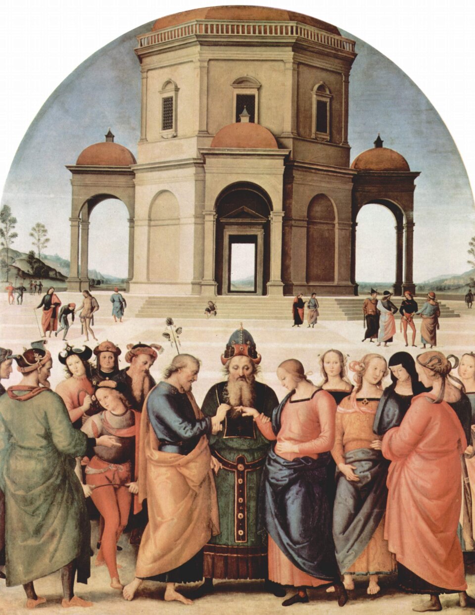 Ilustracja przedstawia obraz Perugino „Zaślubiny Marii”. Na obrazie widzimy kilkanaście osób ubranych w długie suknie. Jest to uroczystość zaślubin Marii. Na pierwszym planie znajduje się Maria oraz Józef zakładający kobiecie obrączkę. Obok pary i kapłana widoczne są tłumy ludzi. W tle widoczny jest budynek z wysokimi łukami.