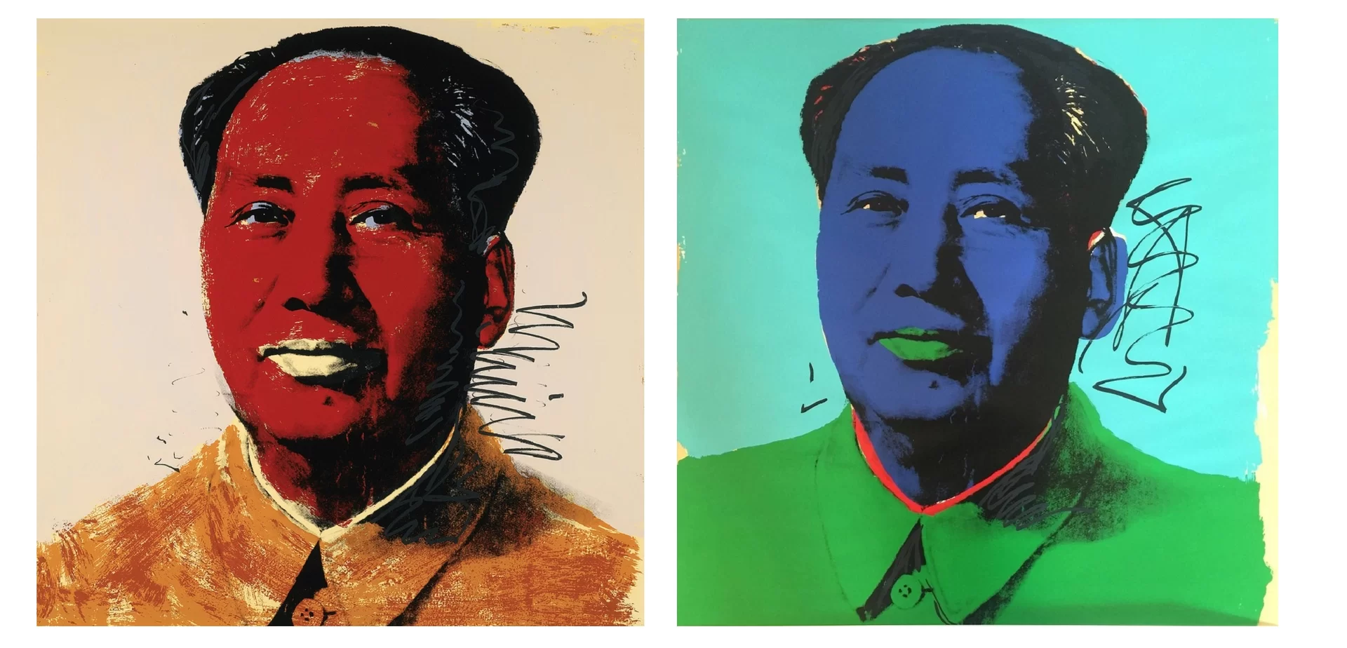 Ilustracja przedstawia dzieło Andy'ego Warhola „Mao”, na którym są dwa te same portrety mężczyzny, różniące się kolorami. Po lewej stronie mężczyzna ma czerwoną twarz, białe usta, czarne włosy. Ubrany jest w białą koszulę i zapiętą pod szyję pomarańczową kurtkę. Drugi portret ukazuje go z niebieską twarzą, zielonymi ustami. Ubrany w zieloną kurtkę, spod której wystaje czerwony kołnierz koszuli. Tło pierwszego dzieła jest jasne, lekko różowawe. Drugie jest jaskrawo niebieskie.