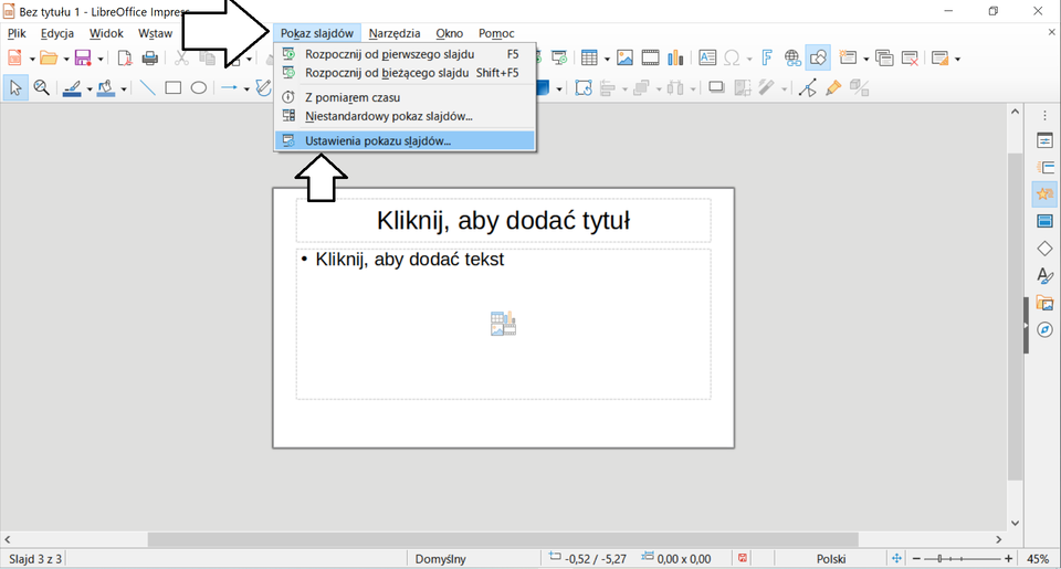 Ilustracja przedstawia otwarty program LibreOffice. U góry na pasku zadań została wybrana opcja Pokaz slajdów, a następnie opcja ustawienia pokazu slajdów. 