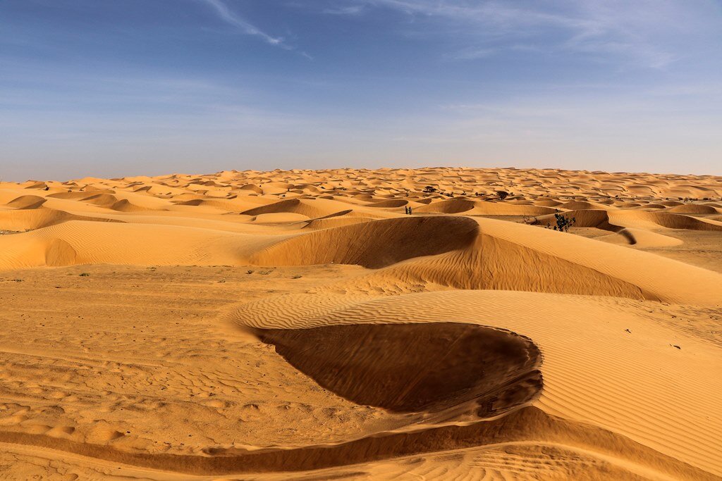 Zdjęcie przedstawia pustynię Erg Amatlich w Mauretanii. Po horyzont ciągną się wzgórza pomarańczowego piasku, które w oddali łączą się z niebem.