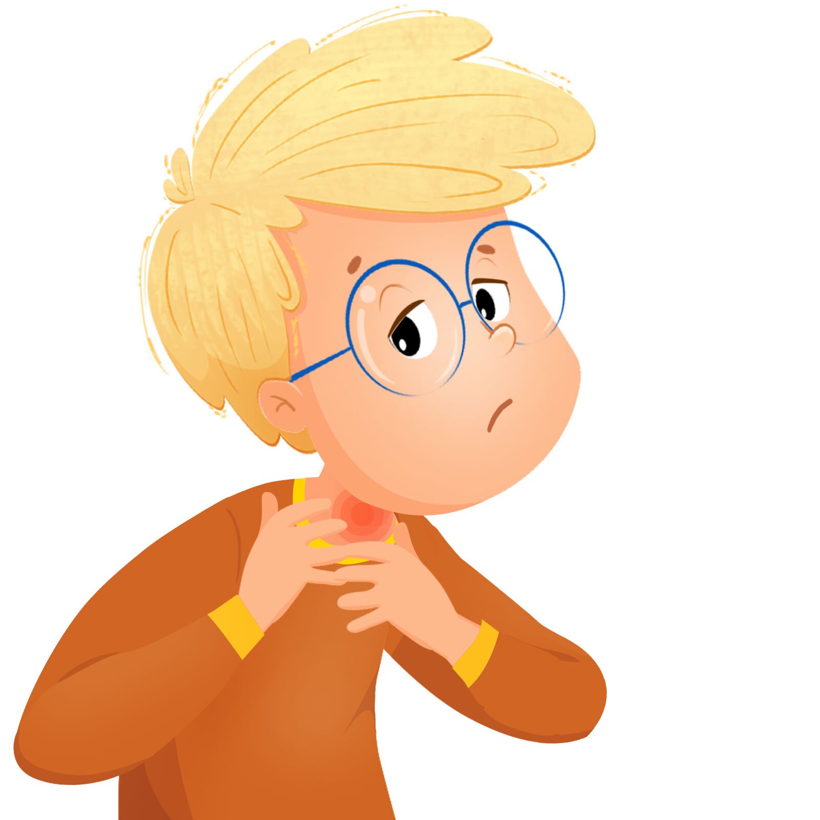 Ilustracja przedstawia Tima, który trzyma się za bolące gardło.