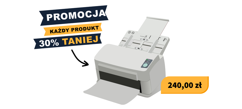 Ilustracja przedstawia drukarkę. Drukarka jest przedmiotem promocji, w ramach której każdy produkt oferowany jest trzydzieści procent taniej. drukarka jest wyceniona na dwieście czterdzieści złotych.