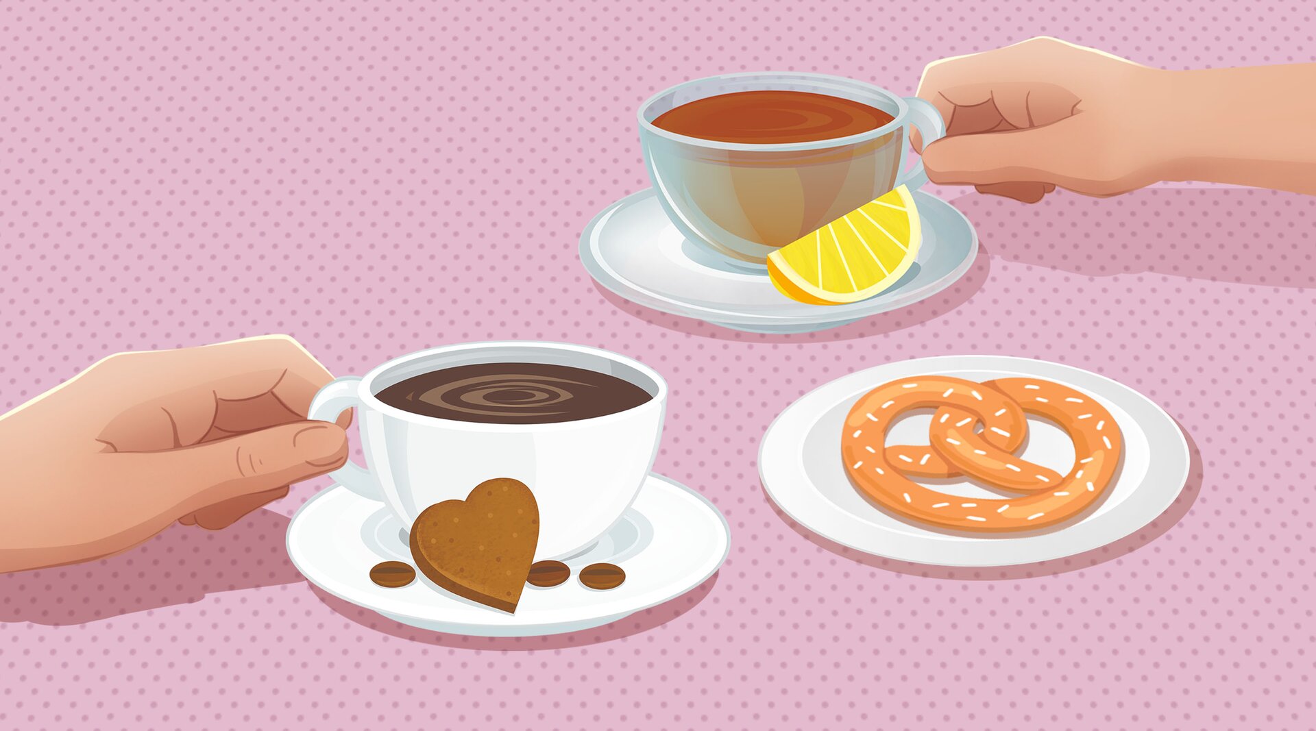 Ilustracja przedstawia stół na którym stoją : filiżanka herbaty, filiżanka kawy, kawałek tortu oraz precel.