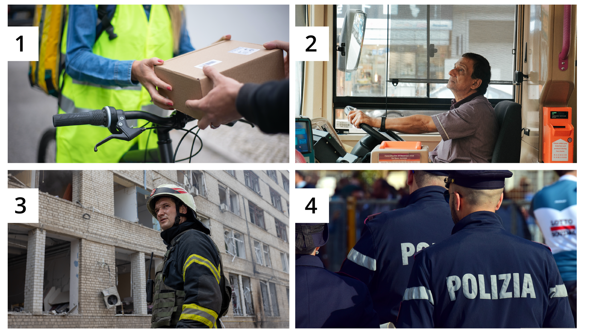 Ilustracja składająca się z czterech ponumerowanych zdjęć przedstawia osoby wykonujące różne zawody. Zdjęcie z numerem 1 przedstawia zbliżenie na ręce osoby przekazującej paczkę drugiej osobie. Zdjęcie z numerem 2 przedstawia kierowcę siedzącego za kierownicą autobusu. Zdjęcie z numerem 3 przedstawia mężczyznę w stroju strażaka. Zdjęcie z numerem 4 przedstawia z tyłu mężczyzn z napisem "Polizia
" na plecach.