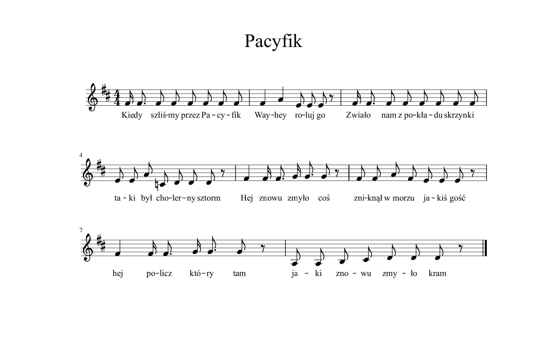 Zapis nutowy piosenki Pacyfik. Zapis składa się z ośmiu taktów. Metrum cztery czwarte, tonacja D-dur. Przeważają drobne wartości rytmiczne - ósemki.